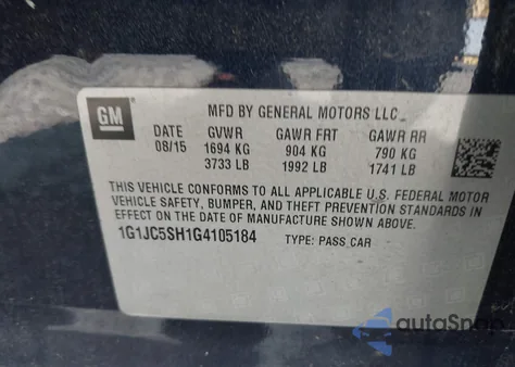 2016 Chevrolet Sonic Lt Auto из США, поврежденный, VIN 1G1JC5SH1G4105184